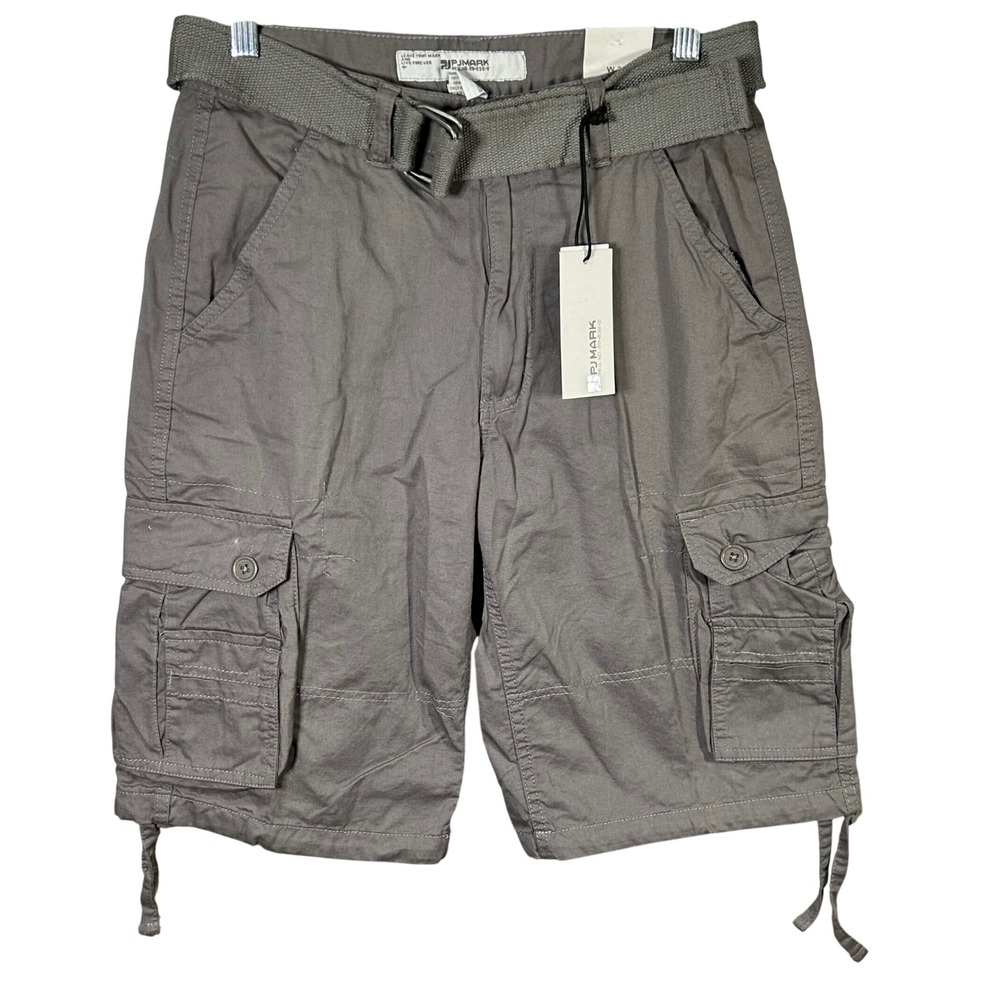 PJ MARK Men's Grey Cargo Shorts with Belt Size 30 Cotton Flat Front New
